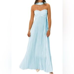 Elegant Light Blue Maxi Dress with neck scarf